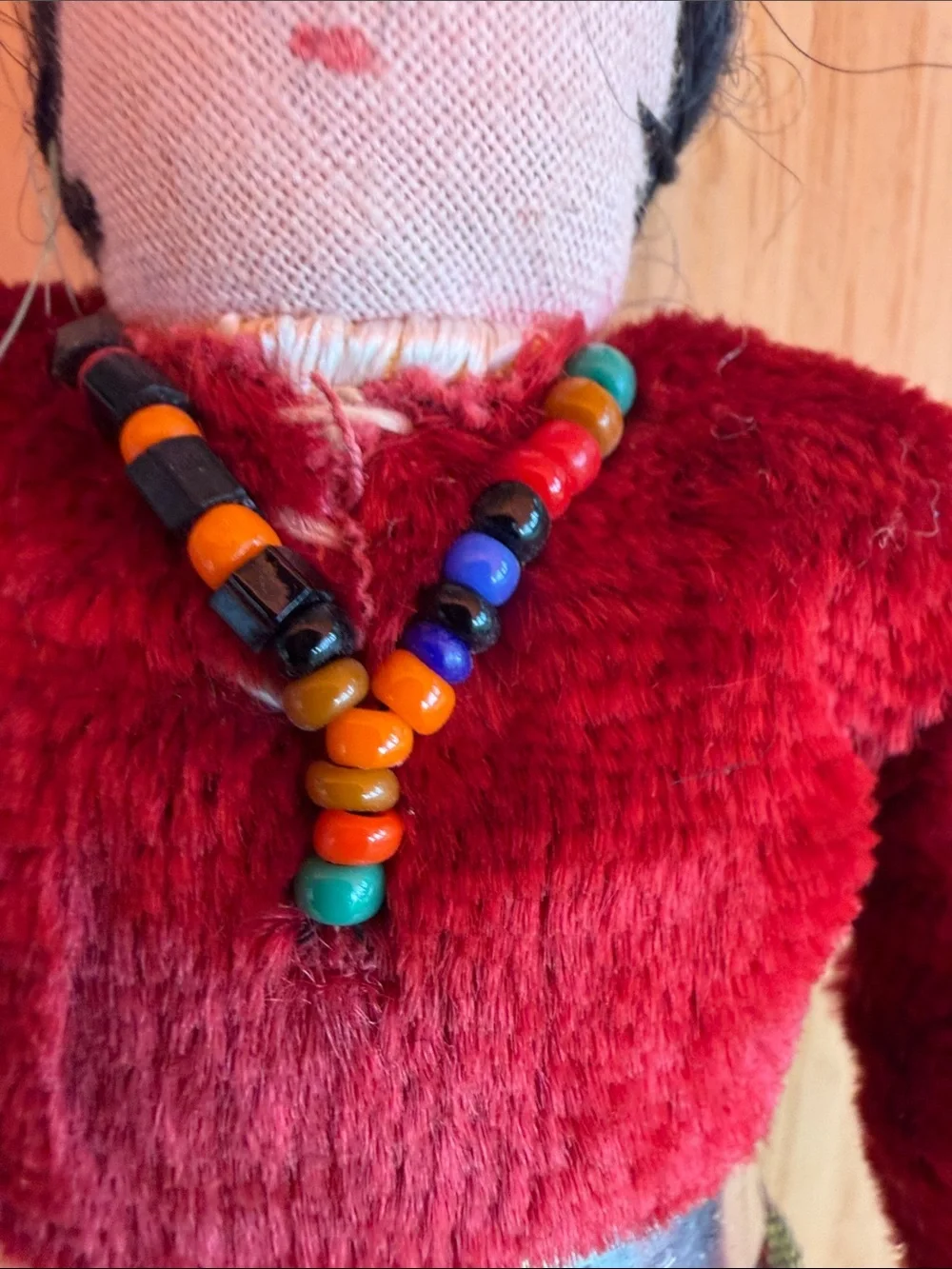 Handmade Red Fabric Doll with Bead Necklace